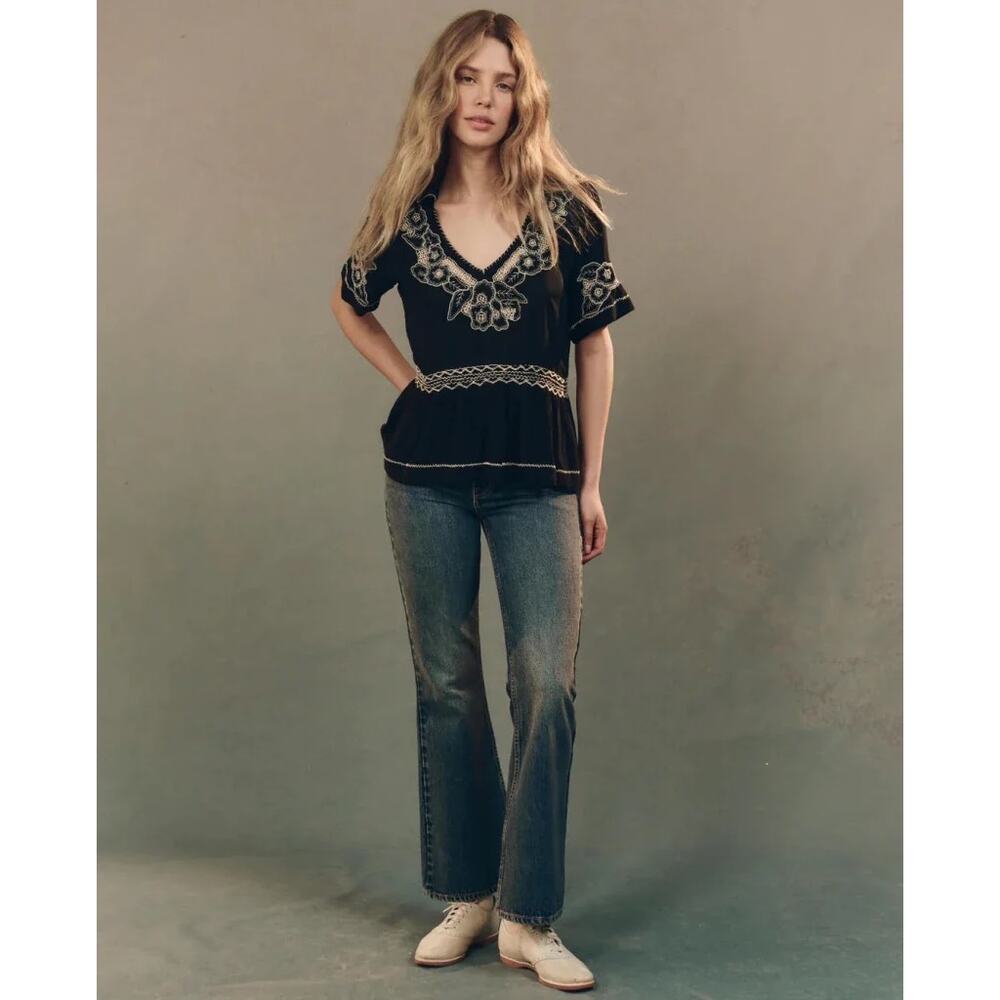 The Great Crest V Neck Short Sleeve Top Black Embroidered Peplum Blouse NWT 3 L